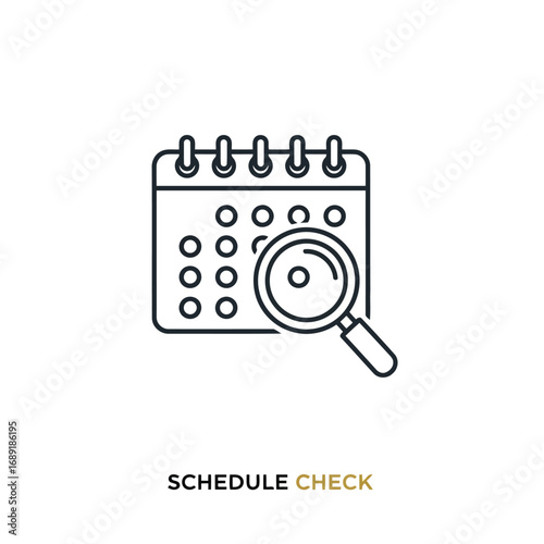Icon depicting a calendar with a magnifying glass, symbolizing schedule checking and analysis.