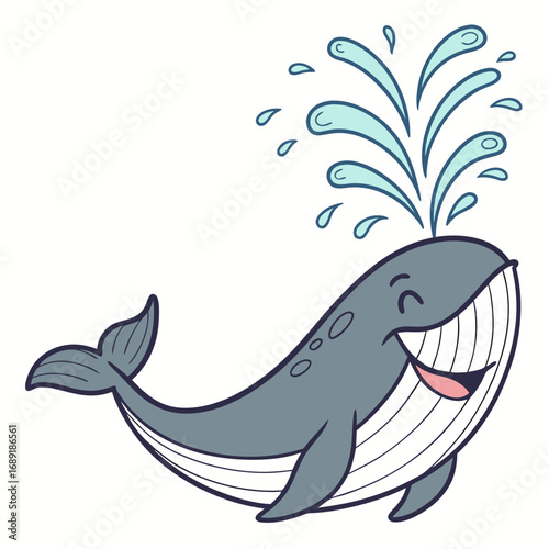 Happy cartoon whale spouting water with a big smile and closed eyes on a white background