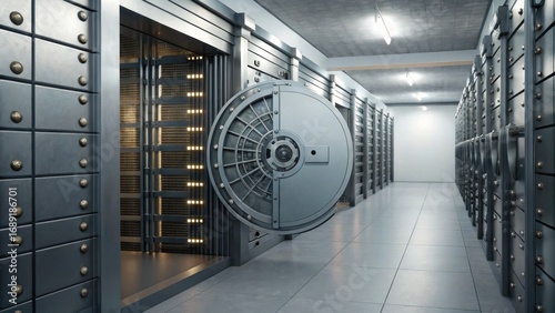 A sleek, modern bank vault interior featuring massive security doors and rows of secure safety deposit boxes.