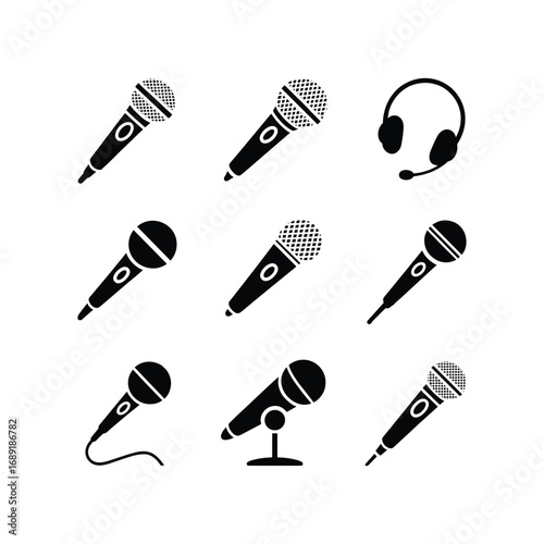 Collection of iconic microphones and headphones representing sound recording and broadcasting