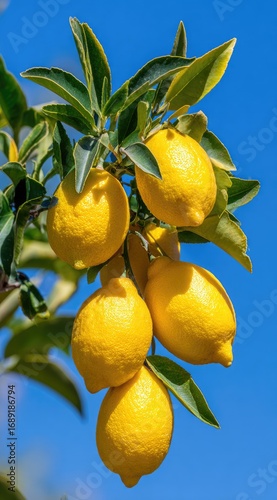 Cluster of bright yellow lemons hang from a branch with variegated green and yellow leaves against a vibrant blue sky on a sunny day