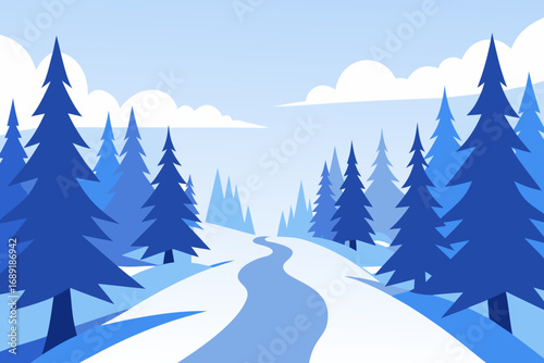 Stylized blue winter forest path with snow and clouds