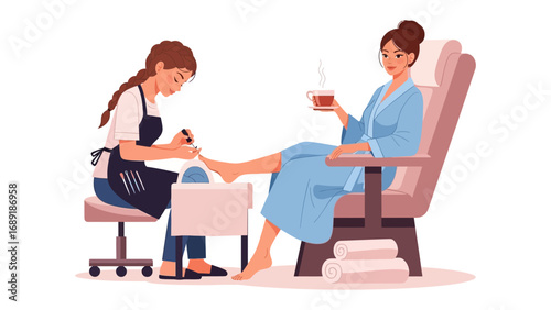 Relaxing spa pedicure experience a woman enjoys a beverage while receiving foot care treatment