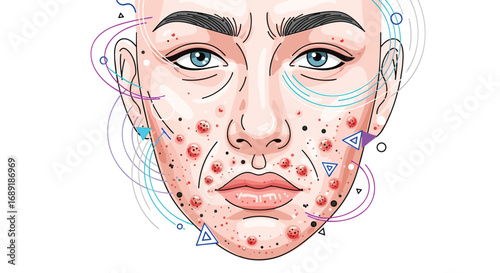 Expressive close-up of face with acne and abstract graphic elements symbolizes skin health challenges