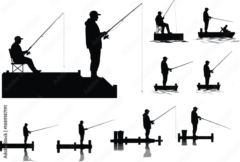 custom made wallpaper toronto digitalFishing man silhouette, fisherman on boat, person fishing on pier, angler with rod, outdoor recreation, sport fishing vector illustration