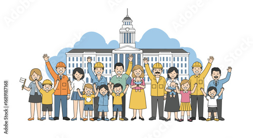 Diverse community celebrating together with pride in front of iconic landmark building