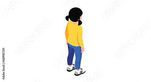 Young girl with pigtails and yellow shirt looking thoughtfully into the distance