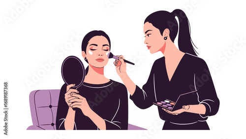 Professional makeup artist applying cosmetic foundation to a client s face with a brush in a salon setting