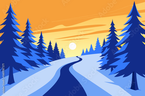 Stylized winter landscape with snowy path and orange sunset sky