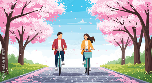 Joyful couple cycling through vibrant cherry blossoms on a sunny spring day