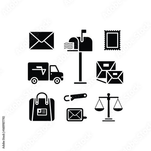 Set of nine postal and delivery service icons including envelopes mailboxes trucks and scales