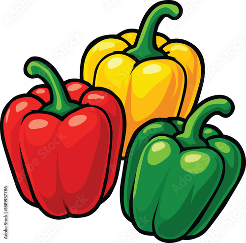 Colorful bell peppers in red, yellow, and green shown in editable EPS format. Perfect for food, cooking, farming, healthy diet, organic lifestyle, and culinary projects