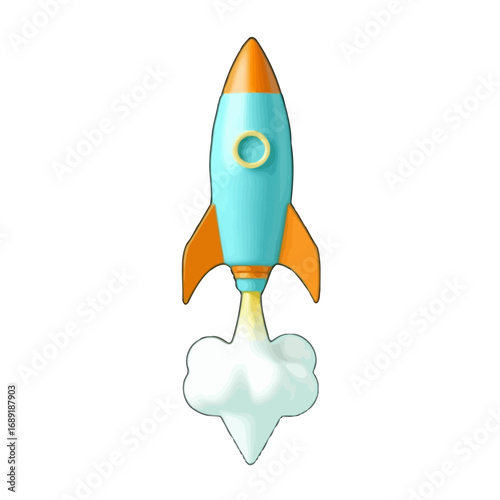 Vector art of a cartoonstyle blue and orange rocket ship blasting off with white smoke and clouds