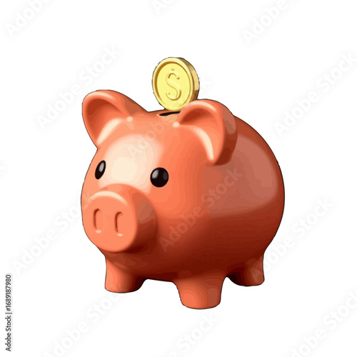 Vector art of a cute, shiny orange piggy bank with a gold coin inserted, isolated on a transparent background, symbolizing savings and financial growth