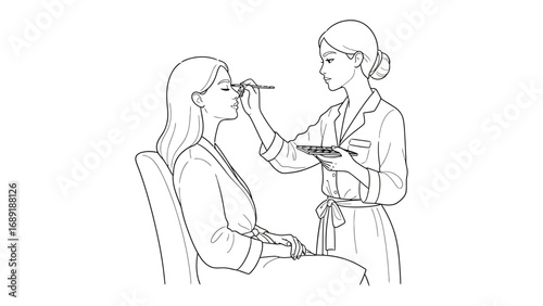 Artistic sketch of a professional makeup artist applying cosmetics to a client s face