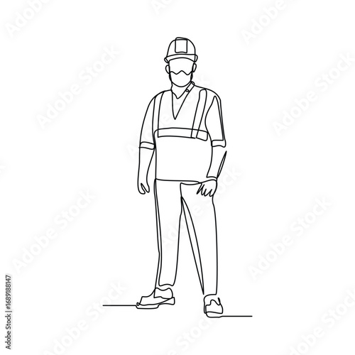 Continuous line building construction worker and engineering man. Single line drawing art vector illustration of architect or engineer mechanic. Editable stroke