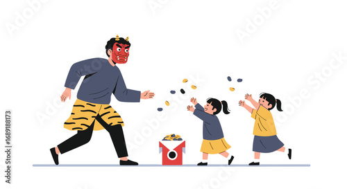 Joyful children celebrate Setsubun festival, catching beans thrown by a demon