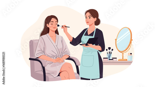 Professional makeup artist applying cosmetics to a client in a salon setting with mirror and brushes