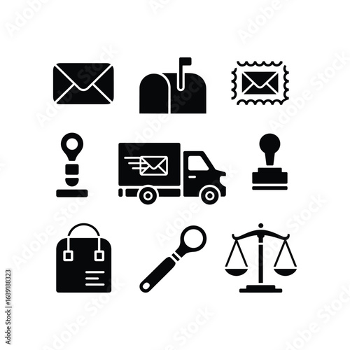 Collection of postal and legal icons including mail stamps delivery truck and scales of justice.