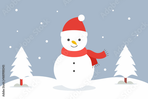 Cute snowman in a snowy winter landscape with christmas trees
