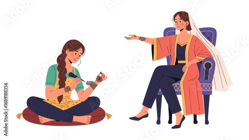 Two women in traditional indian attire engaged in a cultural activity one playing an instrument and the other gesturing