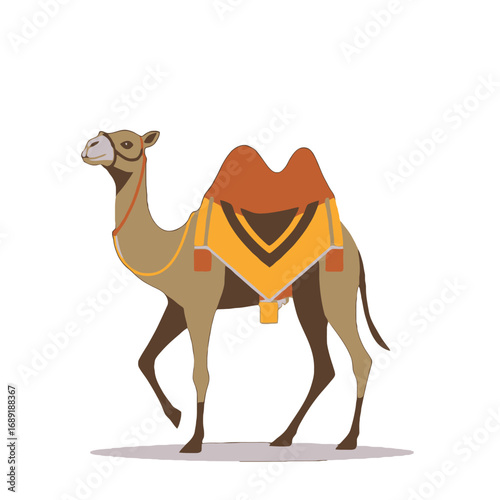 Vector art of a cartoon illustration of a camel with a saddle