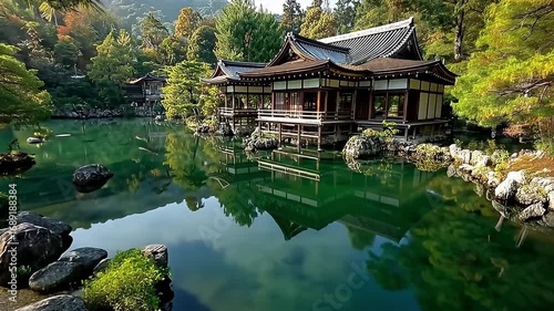 Tranquil Japanese Garden with Pavilion Surrounded by Lush Greenery and Reflective Water, Creating Peaceful Atmosphere in Natures Embrace of Serenity and Architecture