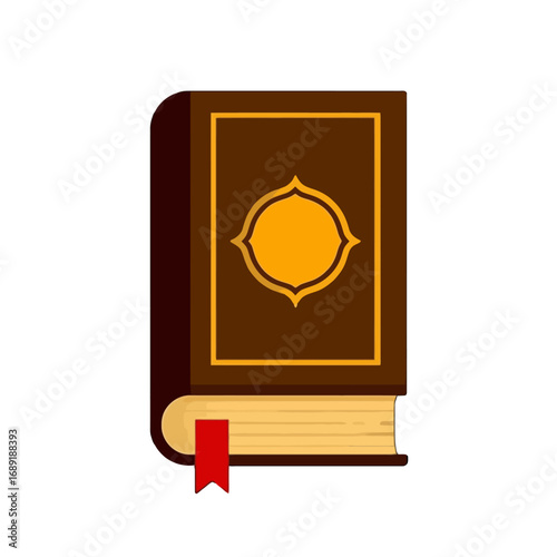 Vector art of brown book with golden ornament and red bookmark