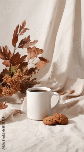 A cozy arrangement coffee cup, cookies, and dried leaves on draped fabric create a warm, inviting scene. Vertical composition