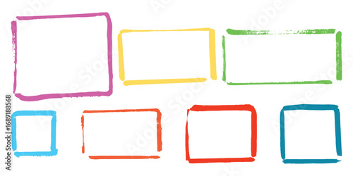 PrintSet of hand drawn and trace multicolored ink frames Realistic grunge overlay texture, paint border. Distressed overlay texture stamps. Vector graphic template.  Copy space for text or image