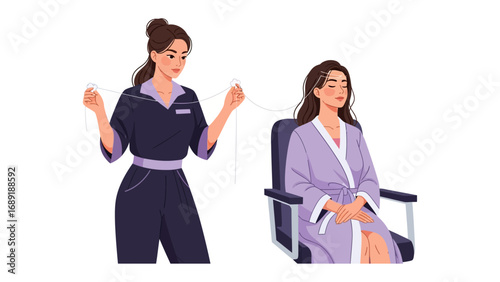 Stylist gesturing while client sits patiently in salon chair wearing a robe