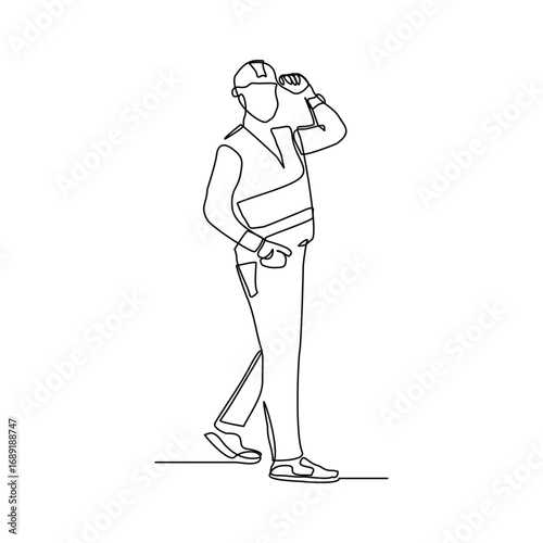 Continuous line building construction worker and engineering man. Single line drawing art vector illustration of architect or engineer mechanic. Editable stroke