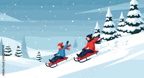 Joyful kids sledding downhill through snowy winter landscape with falling snowflakes