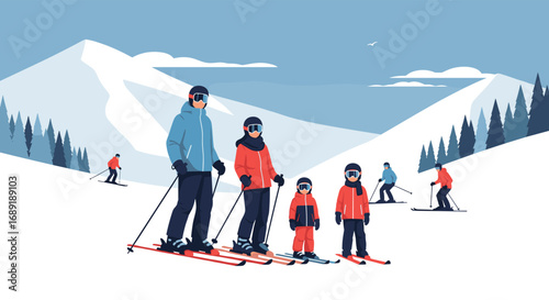 Joyful family enjoys thrilling ski adventure on snow-covered mountain slopes together