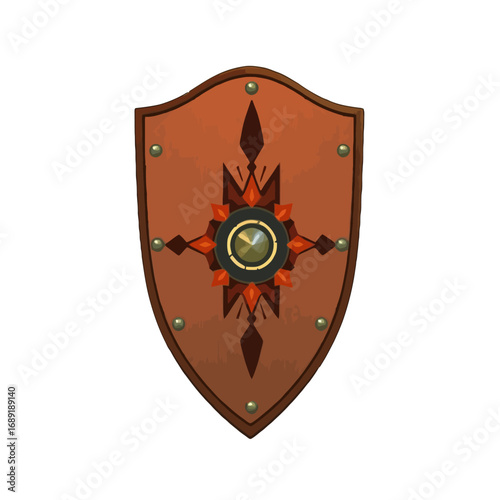 Vector art of a detailed medieval shield with intricate tribal patterns and a central metallic boss