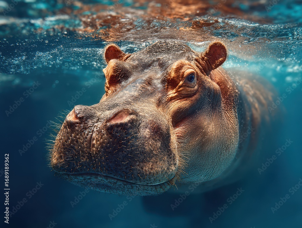 Fototapeta premium Hippo swimming gracefully in clear water at a wildlife sanctuary during midday