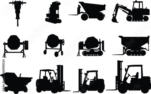 Forklift, excavator, jackhammer, concrete mixer, dumper truck, construction equipment silhouettes, industrial vehicles, heavy machinery, black vector icons, tools