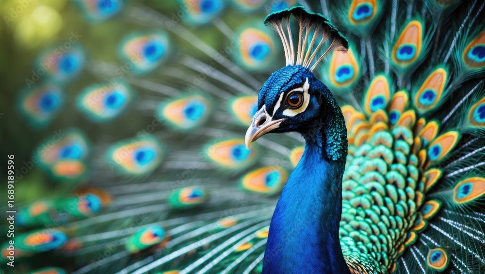 Fototapeta premium Peacock displaying vibrant feathers with eye-like patterns, showcasing its colorful plumage.