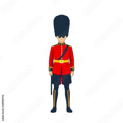 Vector art of a cartoon illustration of a british royal guard in a red uniform and tall black hat