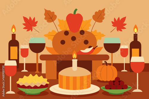 Festive thanksgiving dinner table with autumn decorations