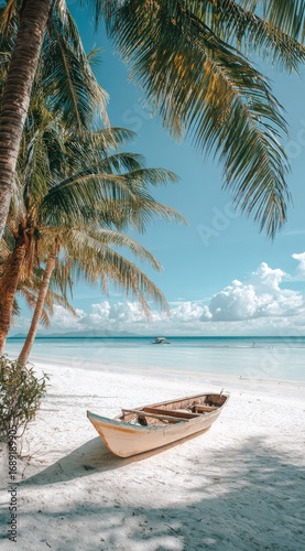 A serene beach scene with a small wooden boat resting on white sand, framed by swaying palm trees under a clear blue sky