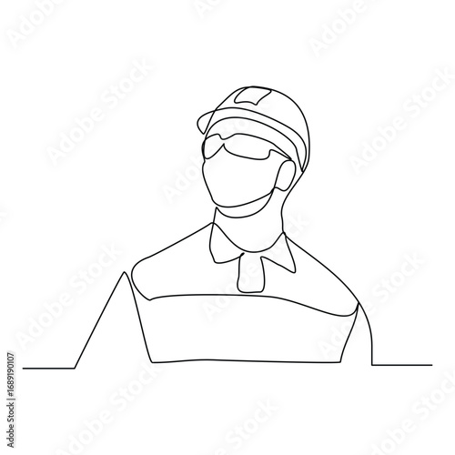 Continuous line building construction worker and engineering man. Single line drawing art vector illustration of architect or engineer mechanic. Editable stroke