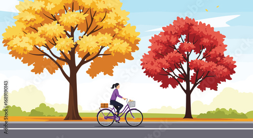 Vibrant autumn scene with woman cycling past colorful trees and golden foliage