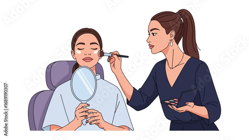 Professional makeup artist applying cosmetics to a client holding a mirror for review