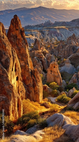 Tall rock formations in a golden landscape with mountain silhouettes under a sunset sky, showcasing warm hues and natural textures