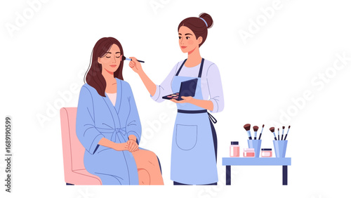Professional makeup artist applying cosmetics to a client in a salon setting with beauty products