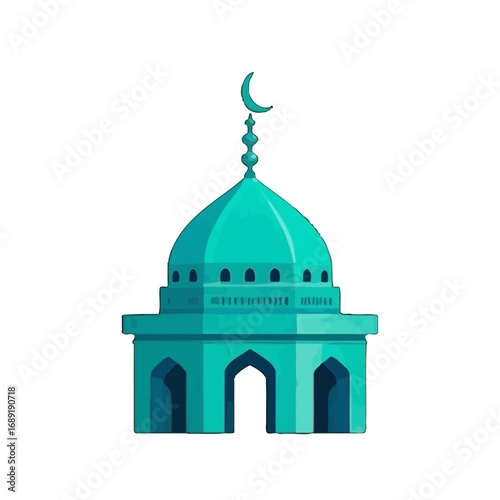 Vector art of a tealcolored mosque with a dome and crescent moon on top