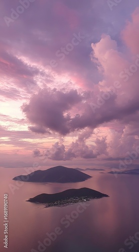 Islands under a pink-hued sky. Dramatic clouds fill the air above calm water, with two hilly islands emerging from the sea, bathed in the soft sunset light