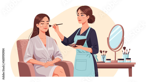 Professional makeup artist applying cosmetics to a client in a salon setting with beauty tools visible