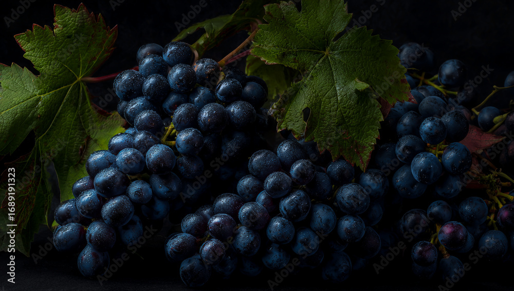 Fototapeta premium Dark ripe grapes with green leaves on a black background